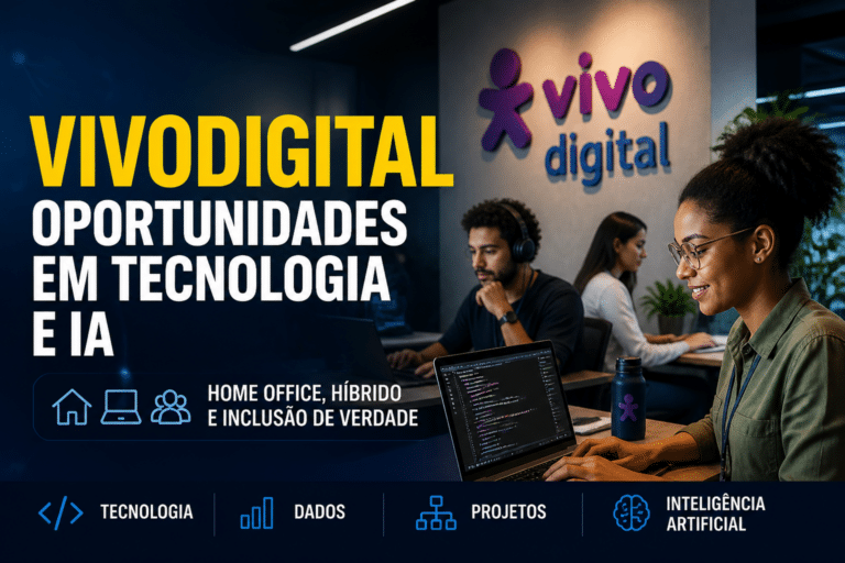 Imagem editorial sobre Vivodigital reúne 21 vagas efetivas e bancos de talentos em tecnologia, dados, projetos e IA, com opções home office, híbridas e