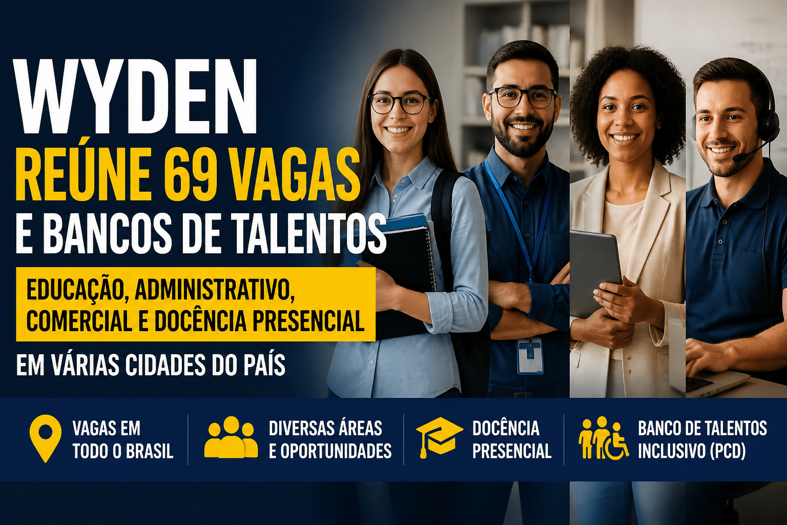 Imagem editorial sobre Wyden reúne 69 vagas e bancos de talentos em educação, administrativo, comercial e docência presencial em várias cidades do país em