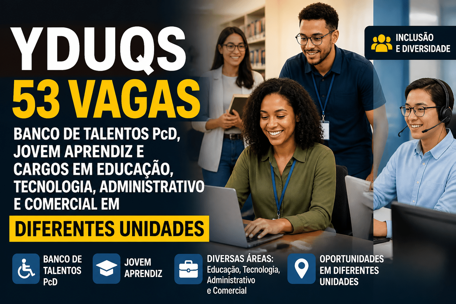 Imagem editorial sobre YDUQS reúne 53 vagas, banco de talentos PcD, jovem aprendiz e cargos em educação, tecnologia, administrativo e comercial em